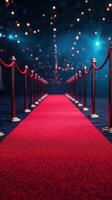 Red carpet awaits guests at a glamorous event in an elegantly decorated venue with twinkling lights photo
