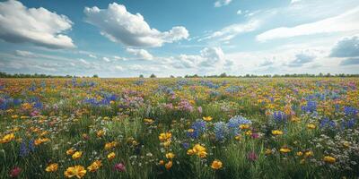 Colorful wildflower field under a bright blue sky with fluffy clouds on a sunny day photo