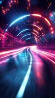 Vibrant light trails convey speed through a futuristic tunnel at night while rain speaks of a dynamic urban environment photo