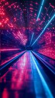 Vibrant tunnel with colorful lights illuminating the pathway during nighttime in a modern urban setting photo
