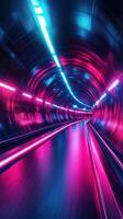 Vibrant neon lights illuminate a futuristic tunnel showcasing dynamic motion and colorful reflections photo