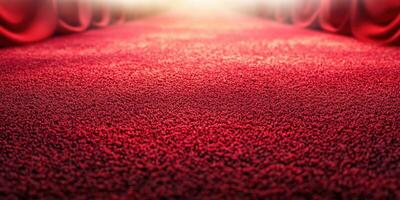 Red carpet leading to a stage with draped curtains in a venue, inviting guests for a special event photo