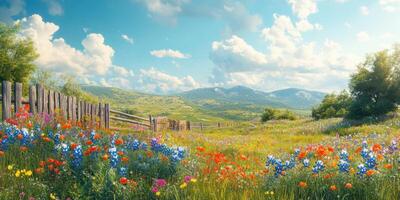 Colorful wildflower meadow under a bright sky with rolling hills in the background on a sunny day photo