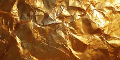Crumpled golden foil texture reflecting light in a warm, artistic display during daylight hours photo