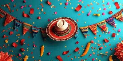 Colorful decorations and a sombrero set for a festive celebration in a bright, vibrant atmosphere during a cultural event photo