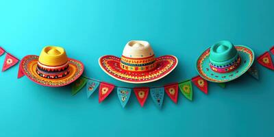 Colorful traditional hats and festive banners displayed on a vibrant blue background for cultural celebration photo