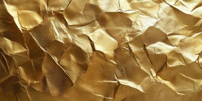 Shimmering metallic gold foil texture with crinkled surface and ripples reflecting light photo