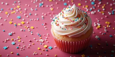 Delicious cupcake topped with frosting and colorful sprinkles on a vibrant background photo