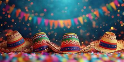 Colorful sombreros arranged on a festive table with vibrant decorations and lights for a celebration photo