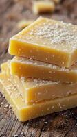 Slices of natural soap stacked on a rustic wooden surface in a warm light setting photo