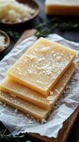 Natural handmade soap bars stacked on a rustic wooden board in a cozy kitchen setting photo