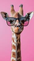 Giraffe wearing glasses poses against a bright pink background with a playful expression showcasing its unique personality photo