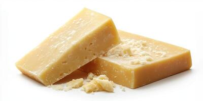 Distinctive blocks of aged cheese with crumbly texture on a plain background ready for culinary use photo