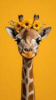 Giraffe wearing a flower crown against a bright yellow background, showcasing unique features and charm in a playful setting photo