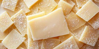 High-quality cheese pieces arranged in a scattered pattern on a wooden surface for culinary use or serving ideas photo