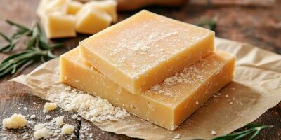 Natural handmade soap bars stacked on a rustic wooden table with scattered soap flakes photo