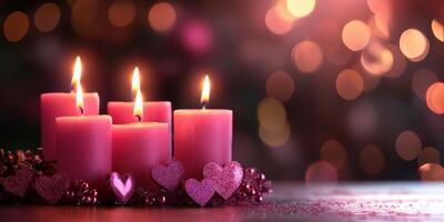 Romantic pink candles illuminate a cozy atmosphere for a special occasion or celebration photo