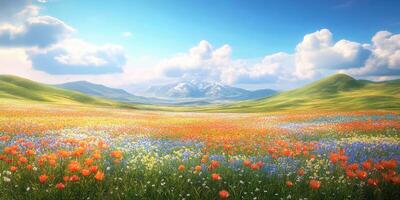 Vibrant spring meadow filled with colorful wildflowers under a bright blue sky and majestic mountains photo