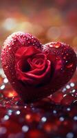Heart-shaped rose surrounded by glistening droplets on a rich, red background in a romantic setting photo