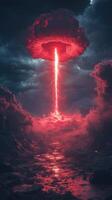 Mushroom cloud formation rises dramatically over a desolate landscape during a thunderstorm at dusk photo