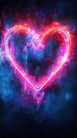 Bright neon heart shape glowing against a dark abstract smoky background in vibrant pink and blue hues photo