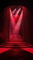 Dramatic red stage with illuminated curtains and steps inviting performers during a night event photo