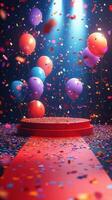 Colorful celebration setup with balloons and confetti in a vibrant party atmosphere photo
