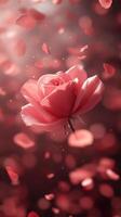 Pink rose surrounded by falling petals in a soft romantic atmosphere photo