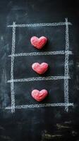 Red heart-shaped sweets arranged on a chalkboard creating a playful and romantic atmosphere photo