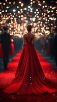Elegant woman in a stunning red gown walks down a sparkling runway during a glamorous evening event surrounded by bright lights photo