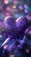Sparkling purple heart decoration with ribbon surrounded by soft bokeh lights at a romantic event photo