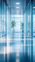 Modern office hallway with sleek design and natural light during midday photo