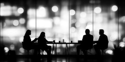 Business meeting with silhouettes in front of a blurred city backdrop during nighttime photo