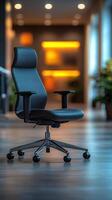 Elegant office chair positioned in a modern workspace with soft lighting, showcasing contemporary design and functionality photo