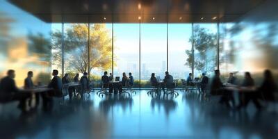Modern office setting with professionals collaborating and panoramic city views during daytime photo