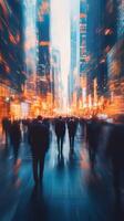 Busy city street filled with silhouettes of professionals walking in the urban landscape during twilight photo