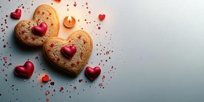 Decorative heart-shaped cookies with red accents arranged for a romantic celebration in a cozy setting photo