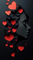Stylized silhouette of a woman with cascading red hearts in a black background showcasing love and creativity photo