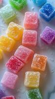 Colorful gummy candy assortment on a bright surface showcasing a variety of fruity flavors and textures photo