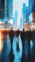 Busy urban street at dusk with silhouettes of professionals walking through a vibrant cityscape photo