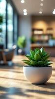 Modern indoor space featuring a vibrant succulent in a white planter during daylight photo