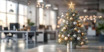 Festive Christmas tree decorated with lights and ornaments in a modern office setting during the holiday season photo