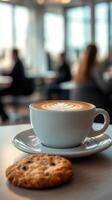 Coffee and cookie enjoyed in a modern cafe during a sunny afternoon photo