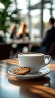 Warm coffee cup with cookie on a plate in a cozy cafe during a business meeting photo
