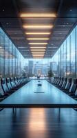Modern conference room designed for high-level meetings with large glass windows and sleek furnishings in an urban setting photo