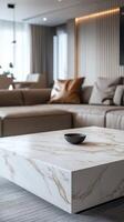 Modern living room with elegant marble coffee table and stylish sofa set in a cozy urban apartment photo