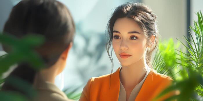 Engaging conversation between two women in a modern office setting with natural light and greenery photo