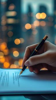 Writing a formal document with a view of city lights at dusk from a high-rise office photo
