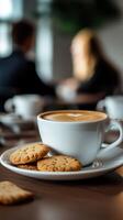 Warm coffee with heart design served with cookies in a cozy cafe during daytime photo