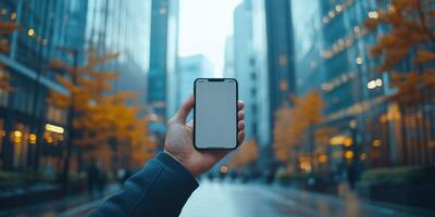 Modern cityscape with a person holding a smartphone on a rainy day amidst towering skyscrapers and autumn foliage photo